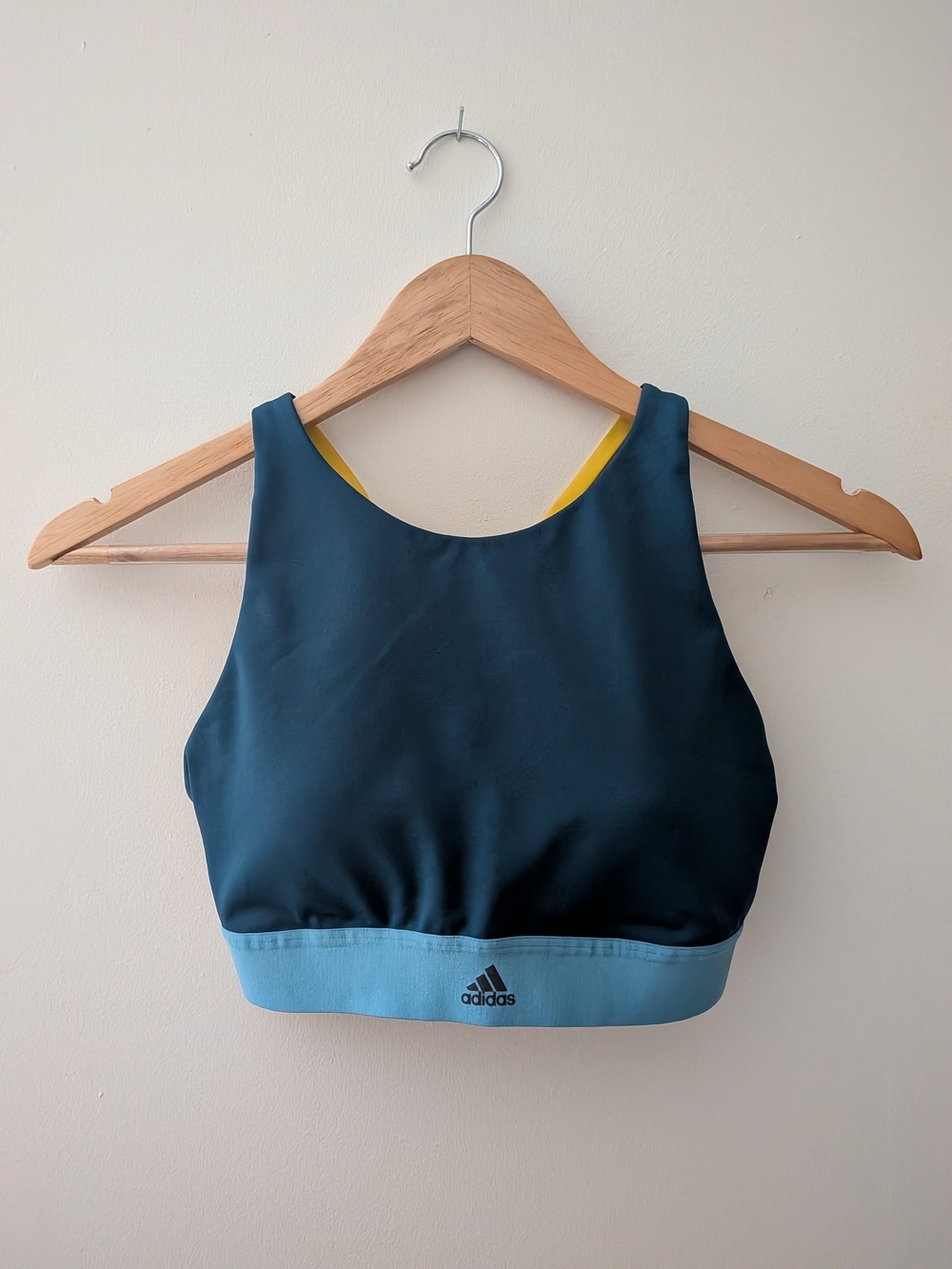Adidas Navy & Light Blue Sports Bra with Yellow Straps, size XS
